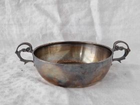 A circular bowl with mask shaped handles, 6 inches over handle, Sheffield 1918, 95 g.