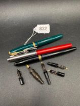 A Green Parker pen & 2 other Fountain pens & nibs etc