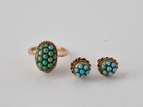 A Antique Turquoise Set Ring With Matching Gold And Turquoise Earrings 9Ct