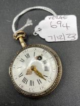 A Antique Georgian Gold Verge Pocket Watch With Three Colour Gold Scene To The Back Depicting A