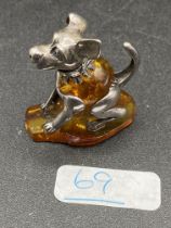 Sterling Silver & Amber Model Of A Dog 4Cm High 25G