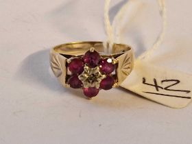 A Diamond And Ruby Cluster Ring 9Ct Size Q 3.6 Gms