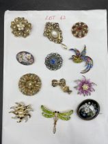 Twelve Vintage Decorative Brooches Some Enamelled