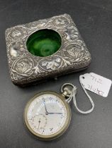 A Metal Omega Pocket Watch In Embossed Watch Case With Seconds Dial