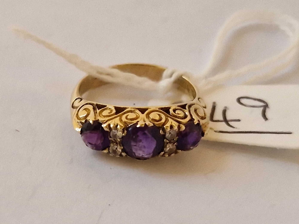 A Fancy Three Stone Amethyst Ring 9Ct Size M 4 Gms