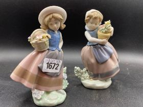 A Pair Of Lladro Girl With Flowers 7 Inches High