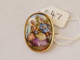 A Antique Oval Porcelain Hand Painted Panel Brooch Set In Gold Depicting Victorian Lady And Gent