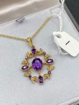 A Amethyst And Pearl Pendant Necklace 9Ct 18 Inch Boxed