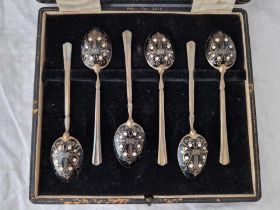 A Boxed Set Of Six Enamel Decorated Coffee Spoons With Gilt Bowls From Garrard & Co