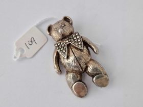 A Large Sterling Silver Teddy Bear Brooch With Marcasite Bow Tie