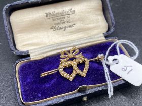 A Victorian High Carat Gold Pearl Set Twin Heart Brooch Boxed