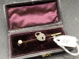 A Antique Novelty Gold Diamond And Pearl Padlock Brooch In A Antique Box