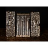 Three Small Oak Panels: A Pair of 17th Century Terms relief carved with busts of a man & lady in