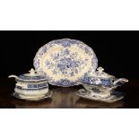Two Blue & White Transfer Printed Lidded Sauce Tureens on Stands with Ladles, and a small oval