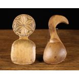 Two 19th Century Sycamore Scoops: One having a squarish scoop on a chip carved roundel handle/