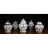 A Group of Five 20th Century Oriental Blue & White Lidded Ginger Jars,
