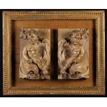 A Pair of Delightful 17th Century Panels carved in high relief with curly haired putti sat upon the