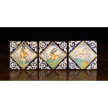 A Group of Three 18th Century Polychrome Delft Tiles hand painted with a prancing horse to one and