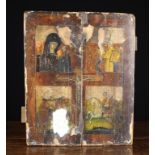 An Antique Icon Painted on Pine with four panels centred by Christ crucified, 15¼" x 12½" (38.5 cm x