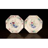 Two 18th Century Bow Porcelain Octagonal Plates, Circa 1755. Each painted in famille rose enamels