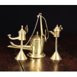Three Early 19th Century Dutch Sheet Brass Spouted 'Snotneus' Oil Lamps. Two approx 6" (15 cm) i