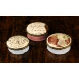 A Group of Three George III Bilston Enamelled Patch Boxes of oval form; two lavender blue,