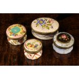 Four Bilston Enamel Patch Boxes decorated with flowers (A/F): One oval with a pink rose & blue
