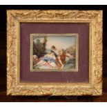 A Decorative Framed Picture with painted details depicting a pair of classical lovers in landscape,