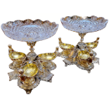 A Pair of James Dixon & Sons Silver Plated Comports with Cut Glass Bowls: Each raised on a knopped