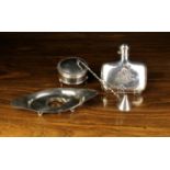 A Silver Candle Snuffer, Hip Flask, Trinket Pot and oval stand with circular aperture.