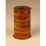 A Victorian Sycamore Three Tier Spice Tower with associated screw-on lid and applied labels for