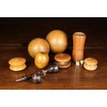 A Small Group of Antique Treen Recreational Items etc: Two Carpet Bowls incised with ring turning,