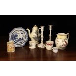 A Group of English Pottery (A/F) & A Pair of Late 18th Century Enamelled Candlesticks decorated