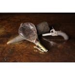 A Small Antique Percussion Pocket Pistol (A/F), a leather powder flask,