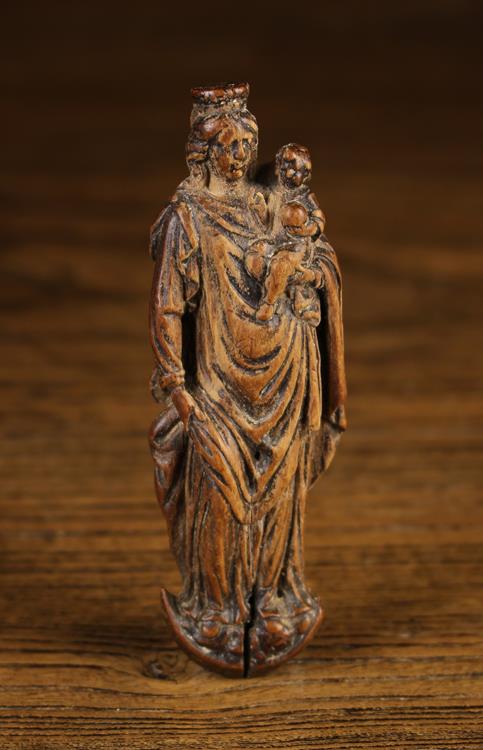 A Miniature 17th Century Flemish Carved Box-wood Appliqué in the form of Madonna with Child stood - Image 2 of 2