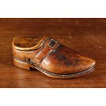 A Late 18th Century Treen Snuff Box carved in the form of a man's buckled shoe with pointed toe and