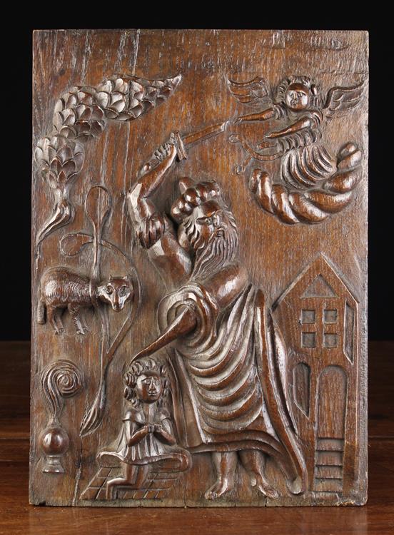 An Early 17th Century Provincial Relief Carved Panel depicting Abraham's Sacrifice,
