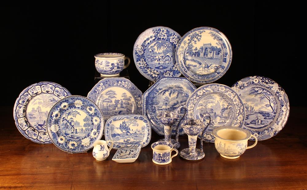 A Group of Blue & White Transfer Printed Pottery: A Rogers Zebra plate depicting man riding zebra