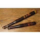 Two 19th Century Painted Wooden Truncheons: The longest painted with a yellow cap,