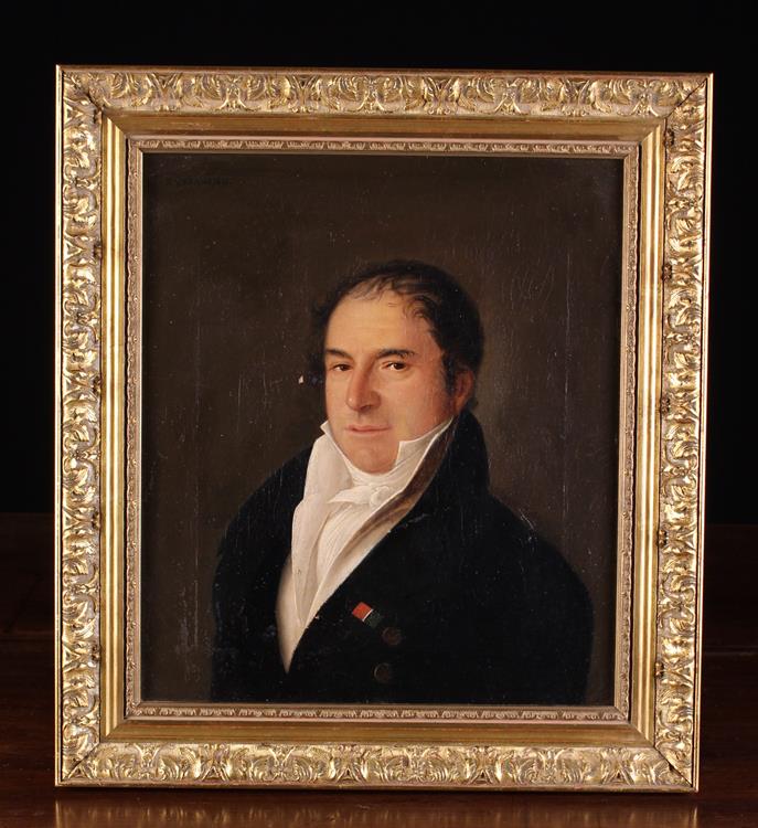 A 19th Century Oil on Canvas: Head & Shoulders Portrait of an aristocratic gentleman withpaper