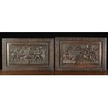 A Pair of 19th Century Carved Oak Pictorial Panels depicting Inn scenes with men gambling