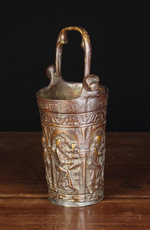 A 19th Century Relief Cast Bronze Holy Water Stoup in the late Gothic style.