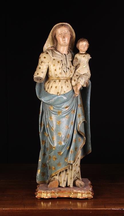 A Late 18th/Early 19th Century Carved & Polychromed Wooden Sculpture of Madonna & Child.