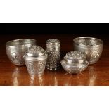 Five Indian White Metal Bowls and Jars,