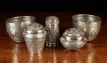 Five Indian White Metal Bowls and Jars,