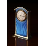 An Art Deco Miniature Silver & Blue Guilloché Enamelled Mantel Clock.