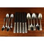 A Group of Paul Storr Silver Double Shell & Laurel Pattern Miscellaneous Tableware: Five knives