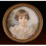 A Pastel on Paper: Head & Shoulders Portrait of a Young Girl, 11" (28 cm) in diameter,