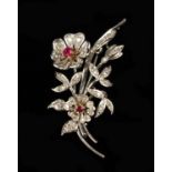A Charming Vintage 9 Ct White Gold, Diamond and Ruby Brooch.