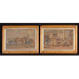 A Pair of Georgian Hand-tinted Caricature Engravings set in moulded birds-eye maple frames with